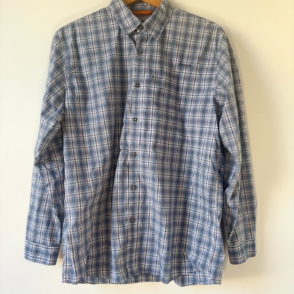 Orvis Active Fit Shirt Mens Size Large Blue Plaid Button Down Outdoor Shirt